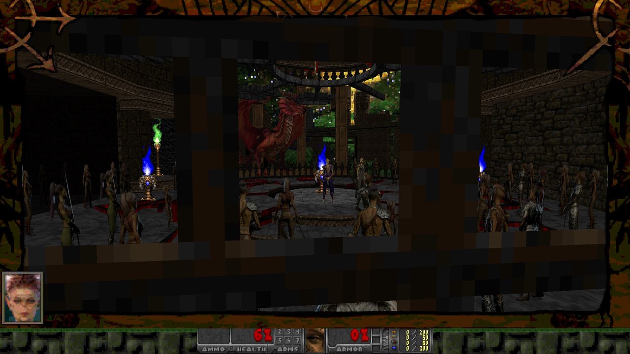 Screenshot of Githmap Doom WAD showing Baldur's Gate 3 assets made into sprites in a Doom map with various medieval accoutrements under an alien sky