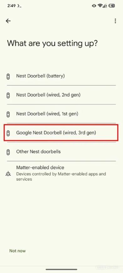 setup options in the Google Home app showing the next-gen Nest Cam and Nest Doorbell