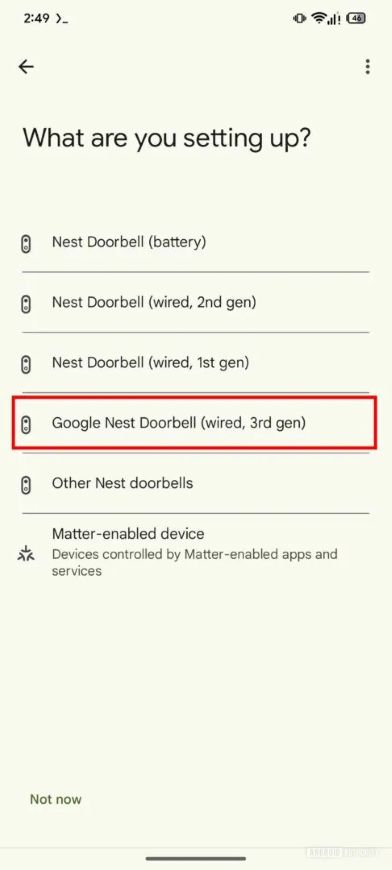 setup options in the Google Home app showing the next-gen Nest Cam and Nest Doorbell