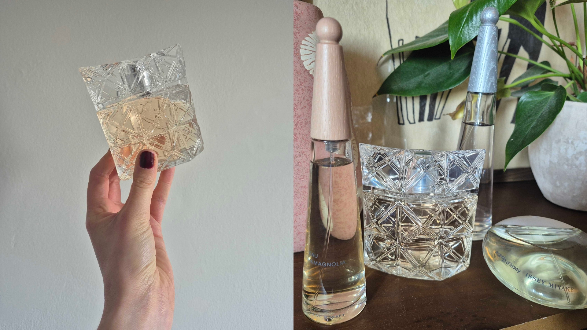 On the left is a close-up of Digital Beauty Writer, Naomi Jamieson holding the new Lumiere d'Issey perfume and on the right is a collection of all the Issey Miyake scents featured in this piece, arranged on a dresser, alongside a plant and vase