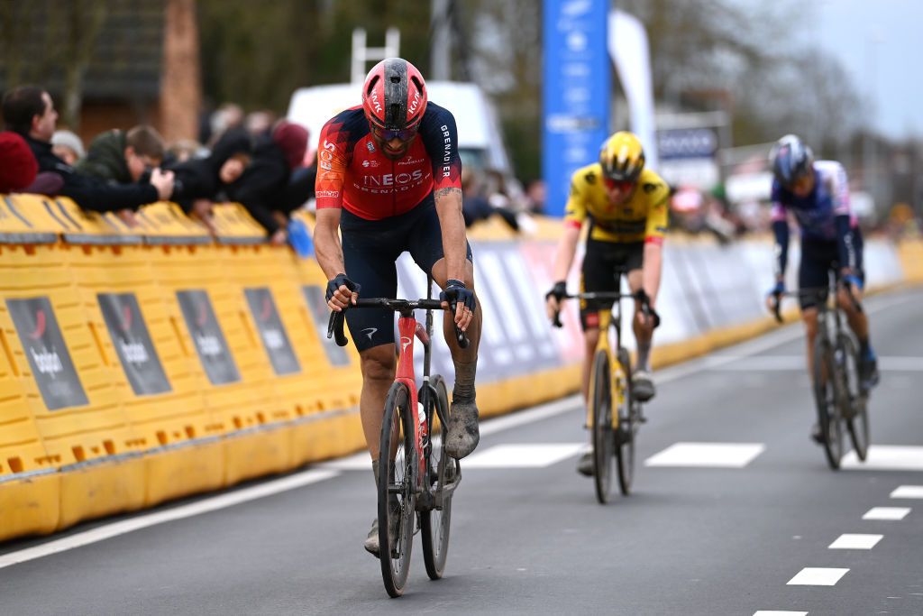 HARELBEKE BELGIUM MARCH 24 Filippo Ganna of Italy and Team INEOS Grenadiers crosses the finish line during the 66th E3 Saxo Bank Classic Harelbeke 2023 a 2041km one day race from Harelbeke to Harelbeke on UCIWT March 24 2023 in Harelbeke Belgium Photo by Tim de WaeleGetty Images