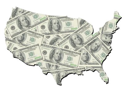 Map of united states with random one hundred dollars bills - stock phot