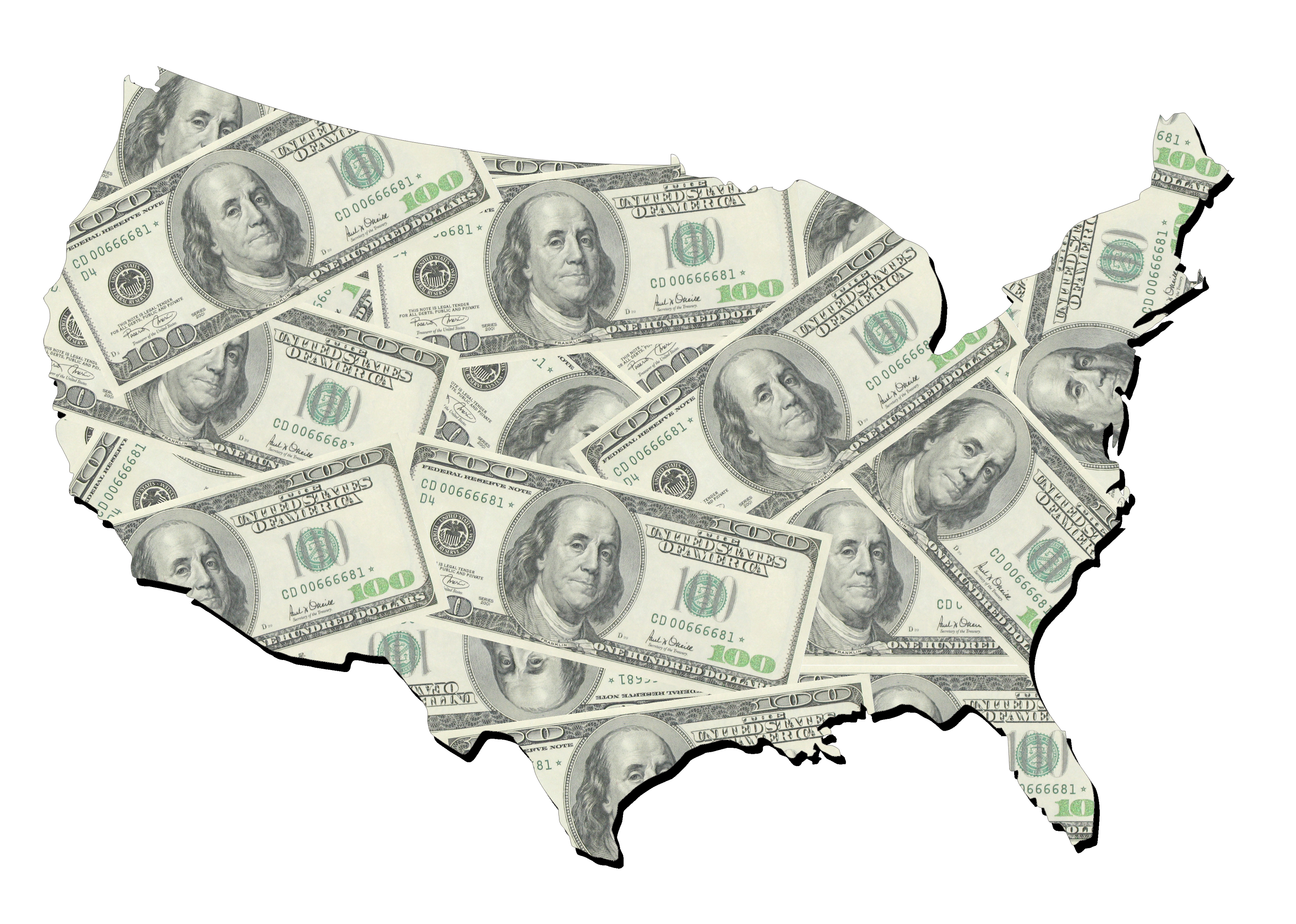 Map of united states with random one hundred dollars bills - stock phot