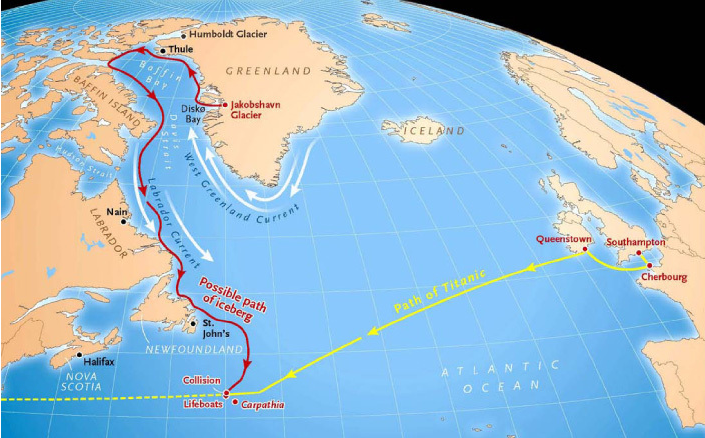 The known route of the Titanic and a possible route of the iceberg.