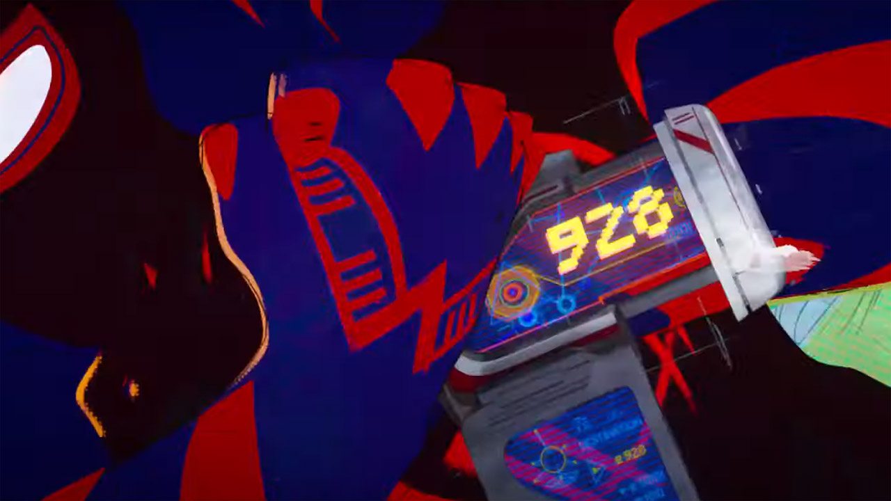 A screenshot of Spider-Man 2099's time travel watch in Spider-Man: Across the Spider-Verse