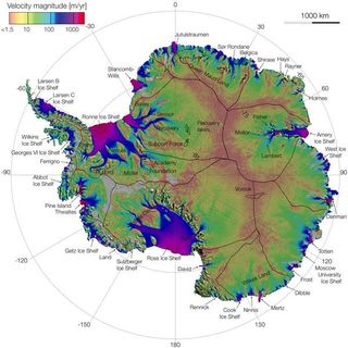 Antarctic ice flow speeds derived from satellite data.