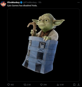 A post reading: "Epic Games has disabled Yoda" over an image of Yoda in a backpack looking miserable.