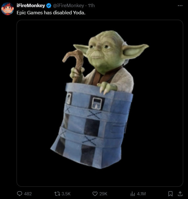  Fortnite bans Yoda for turning into green spaghetti, crashing your game 