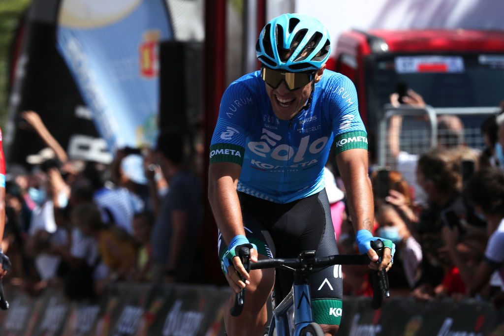 BURGOS SPAIN AUGUST 03 Vincenzo Albanese of Italy and EoloKometa Cycling Team at arrival during the 43rd Vuelta a Burgos 2021 Stage 1 a 161km stage from BurgosCatedral to BurgosAlto del Castillo 980m VueltaBurgos BurgosCycling CapitalMundialdelCiclismo catedral2021 on August 03 2021 in Burgos Spain Photo by Gonzalo Arroyo MorenoGetty Images