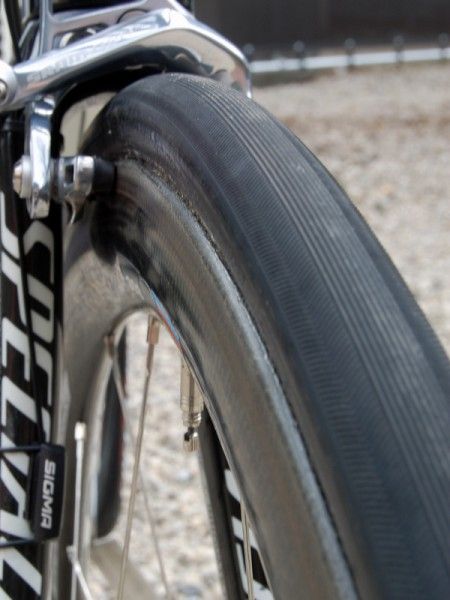 Cancellara's bike rolls on prototype Zipp 303 carbon tubular rims which use a new wider profile and toroidal shape similar to that of the deeper 1080.