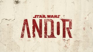 Promotional art for "Star Wars: Andor" displaying the show's title stenciled on a dilapidated stucco wall.