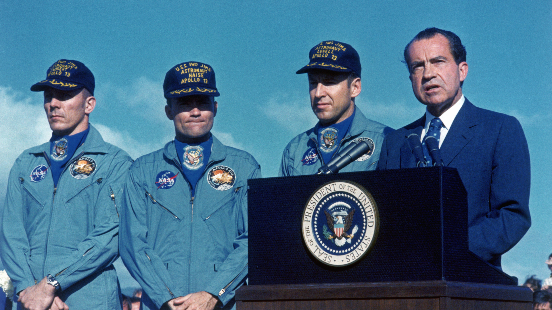 U.S. President Richard Nixon presents the Apollo 13 astronauts with the Presidential Medal of Freedom. From left to right, Command Module pilot John L. Swigert (1931 - 1982), Lunar Module pilot Fred W. Haise, and Mission Commander James A. Lovell.