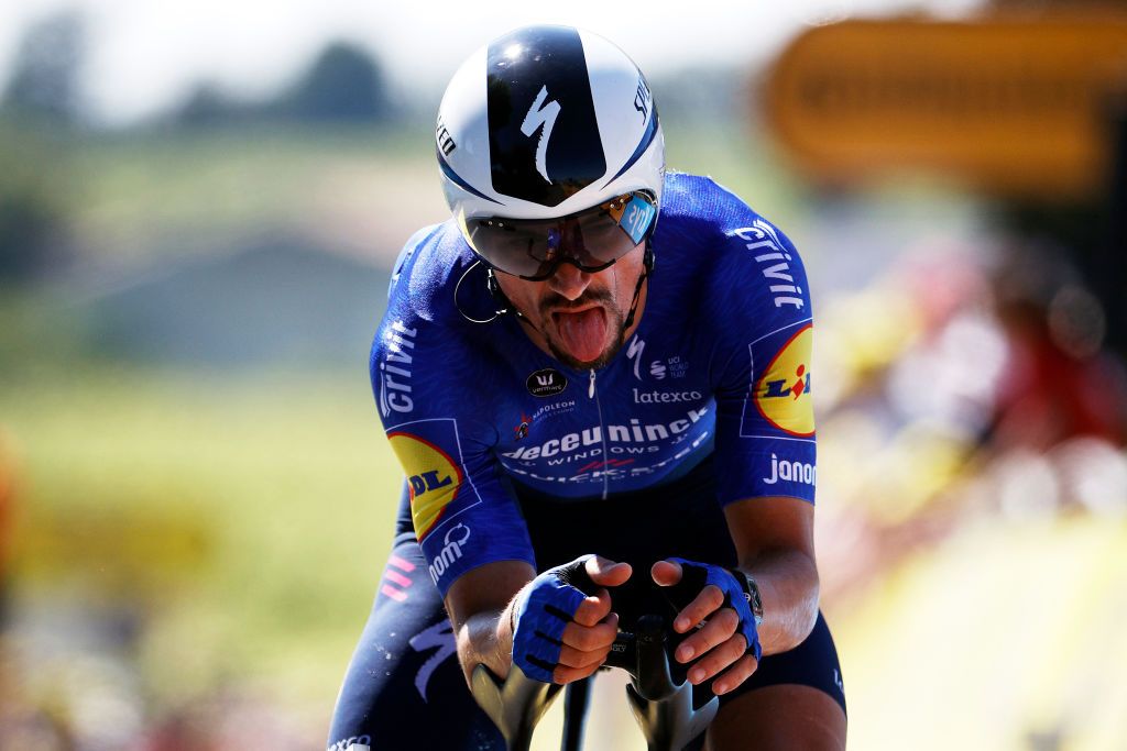SAINTEMILION FRANCE JULY 17 Julian Alaphilippe of France and Team Deceuninck QuickStep at arrival during the 108th Tour de France 2021 Stage 20 a 308km Individual Time Trial Stage from Libourne to SaintEmilion 75m ITT LeTour TDF2021 on July 17 2021 in SaintEmilion France Photo by Chris GraythenGetty Images