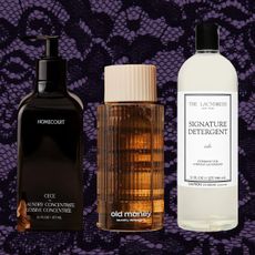 laundry detergent bottles on a purple and black lace background