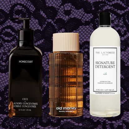 laundry detergent bottles on a purple and black lace background