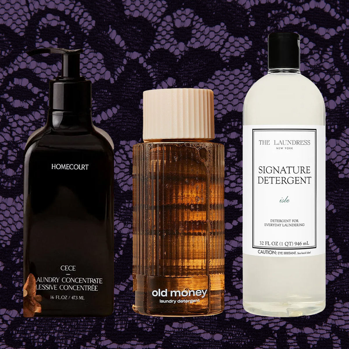 laundry detergent bottles on a purple and black lace background