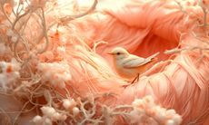 Pantone Color of the Year Peach Fuzz represented by render of bird in a peach next of fabric