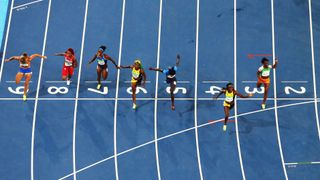 Tori Bowie of the United States and Shelly-Ann Fraser-Pryce of Jamaica compete in the women's 100m ahead of the World Athletics Championships 2023