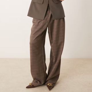 brown checked wide leg suit trousers