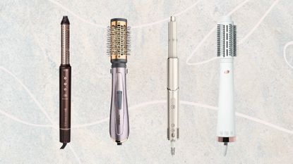 Collage of 4 of the best Dyson Airwrap alternatives from (left to right) Bellissima, BaByliss, Shark and T3 set against a marbled background