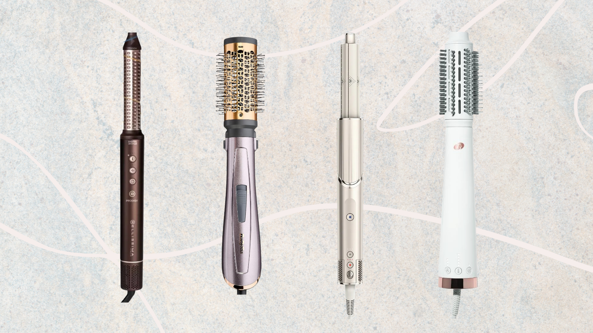 Collage of 4 of the best Dyson Airwrap alternatives from (left to right) Bellissima, BaByliss, Shark and T3 set against a marbled background 
