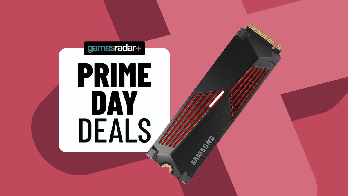 A Samsung 990 Pro on top of a red Prime Day GamesRadar background