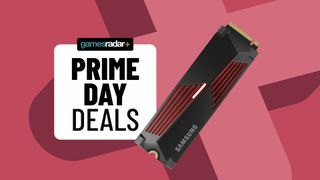 A Samsung 990 Pro on top of a red Prime Day GamesRadar background