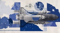 Photo collage of a rocket and astronomy related ephemera, as well as the vintage NASA logo