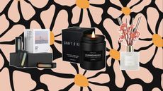 Fresh scents in the form of diffusers, candle, and purifiers, on a 70s style wavy black and yellow floral background