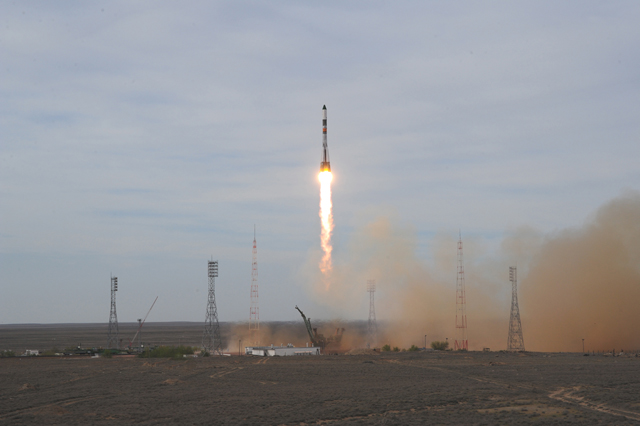 A Russian Soyuz rocket blasts off from Baikonur Cosmodrome in Kazakhstan carrying the Progress 42 cargo ship on April 27, 2011. The Progress cargo ship will deliver supplies to the International Space Station.