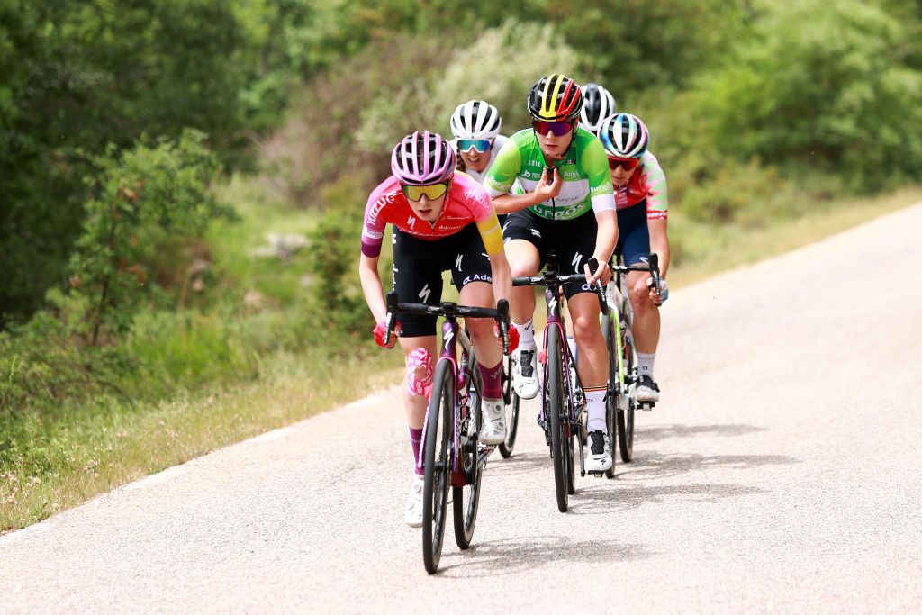 LAGUNAS DE NEILA SPAIN MAY 22 LR Anna Shackley of United Kingdom and Lotte Kopecky of Belgium and Team SD Worx Green Points Jersey compete in the breakaway during the 7th Vuelta a Burgos Feminas 2022 Stage 4 a 1251km stage from Covarrubias to Lagunas de Neila 1867m VueltaBurgos BurgosFem UCIWWT on May 22 2022 in Lagunas de Neila Spain Photo by Gonzalo Arroyo MorenoGetty Images