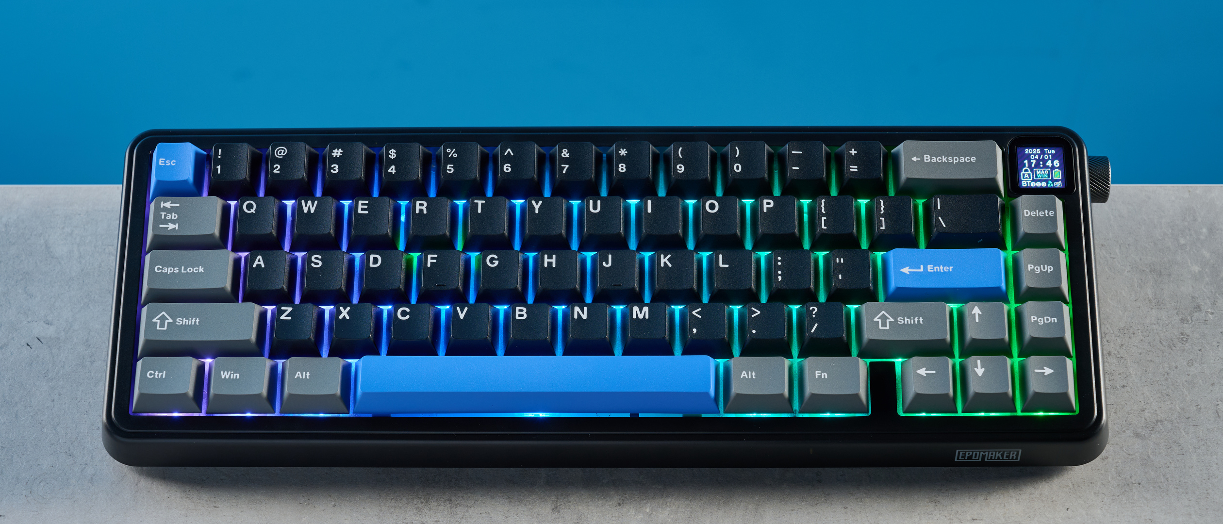 A black, gray and blue Epomaker HE65 Mag magnetic keyboard with Hall Effect switches