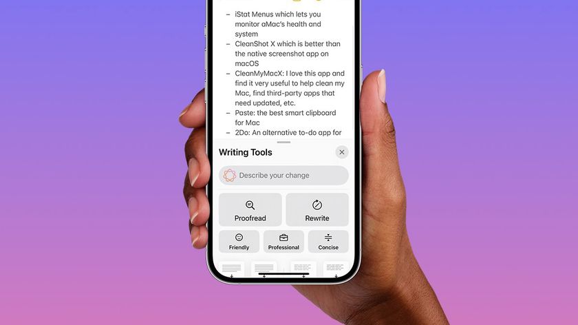 A hand on a purple and pink background holding an iPhone showing the Notes app