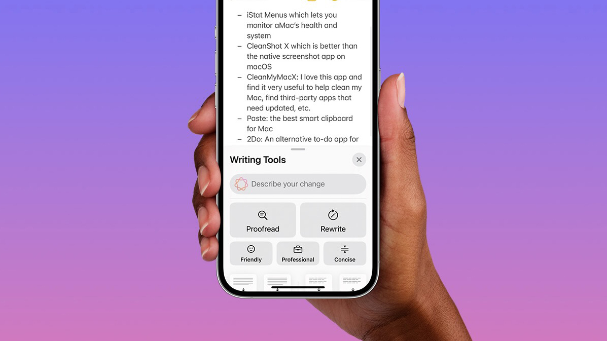 A hand on a purple and pink background holding an iPhone showing the Notes app