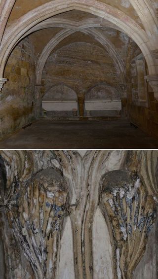 In the cathedral's Santa Maria chapel (top) scientists retrieved black fungus from carved artwork (bottom).