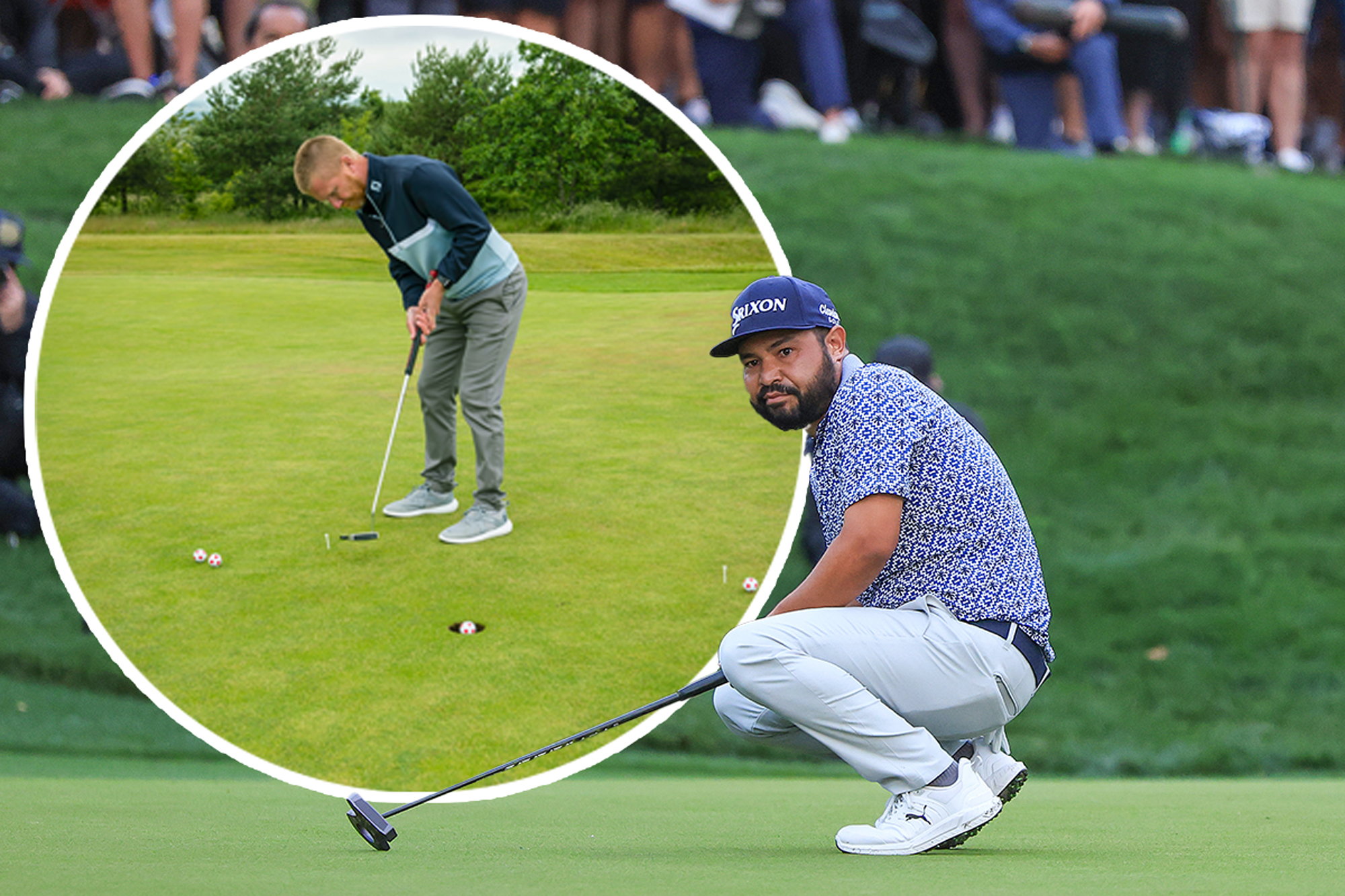 JJ Spaun on his haunches disappointed after missing a putt at the Players Championship, with an inset image of Andrew Jones completing a short putting drill with four balls set up around the hole in a circle to create four different types of break and speed