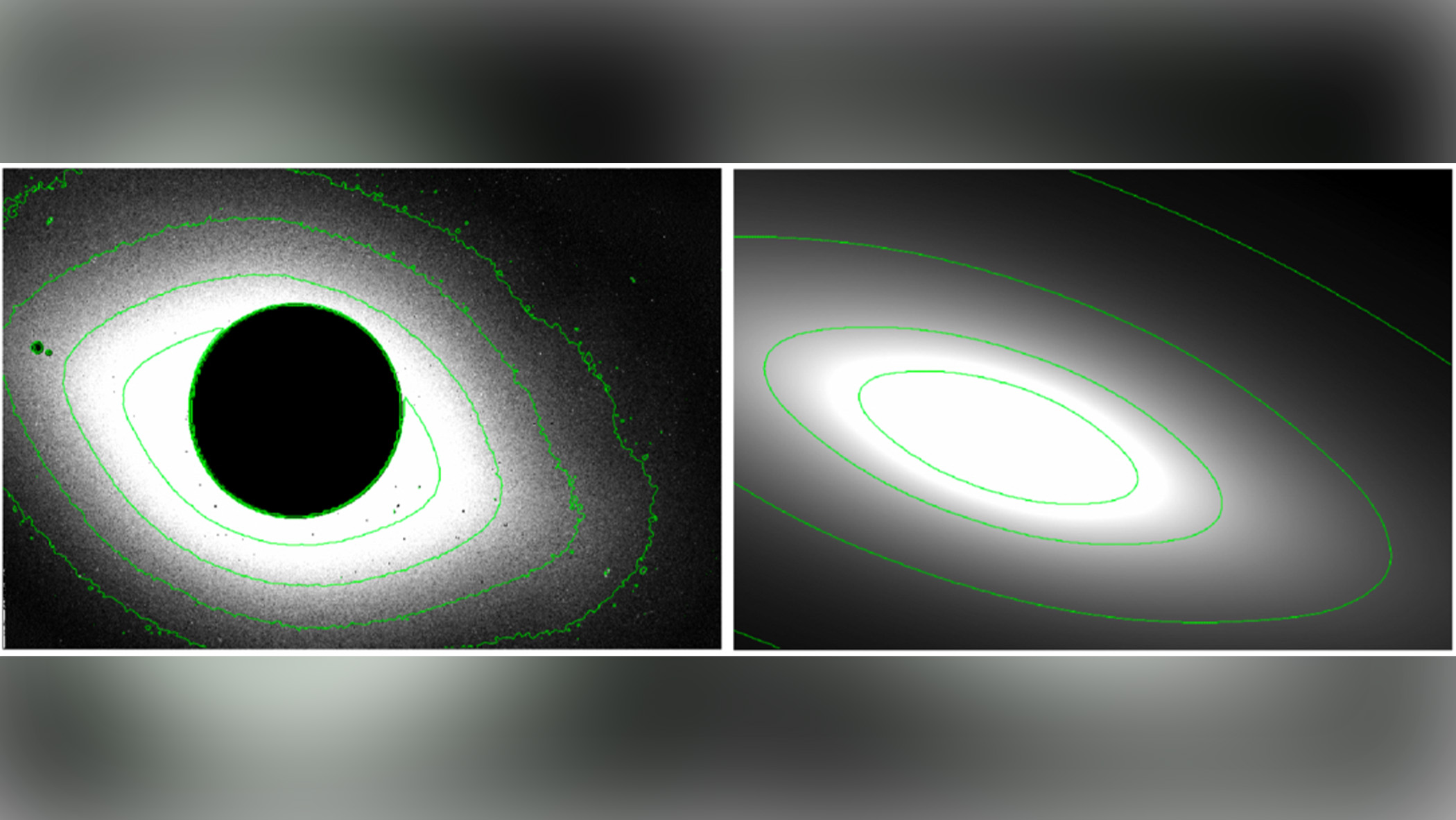 image of solar eclipse edited by astronomers with green lines to reveal extend of F corona distribution around the Sun.