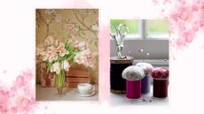 Compilation image of a vase of tulips and pin cushions to suggest florist's drooping cut tulip trick