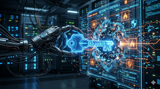 A robotic hand using a key with the word 'Bluekit' on it to smash through a holographic security firewall.