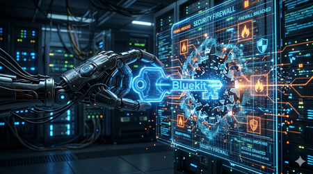 A robotic hand using a key with the word 'Bluekit' on it to smash through a holographic security firewall.