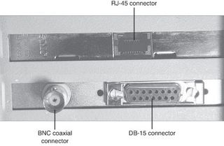 Three Ethernet connectors on two NICs: Modern 8P8C (RJ45) connector (top-center), Obsolete DB-15 connector (bottom-right), and Obsolete BNC connector (bottom-left).