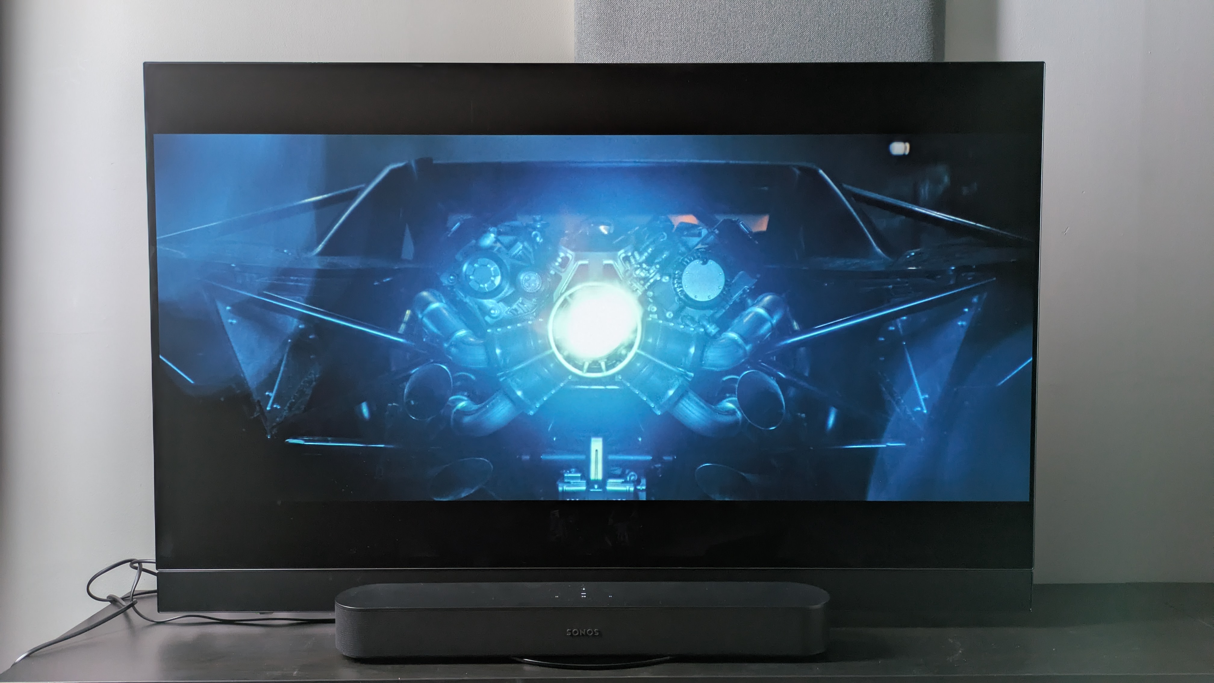 Sonos Beam connected to Panasonic Mz1500 displaying The Batman on screen