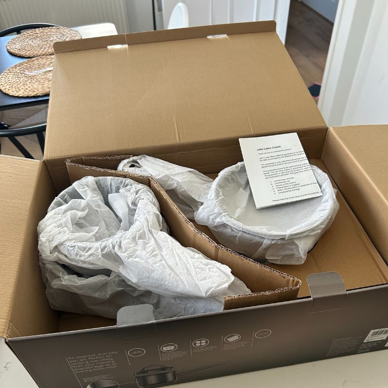 John Lewis Classic 5 Piece Pan Set in box with packaging