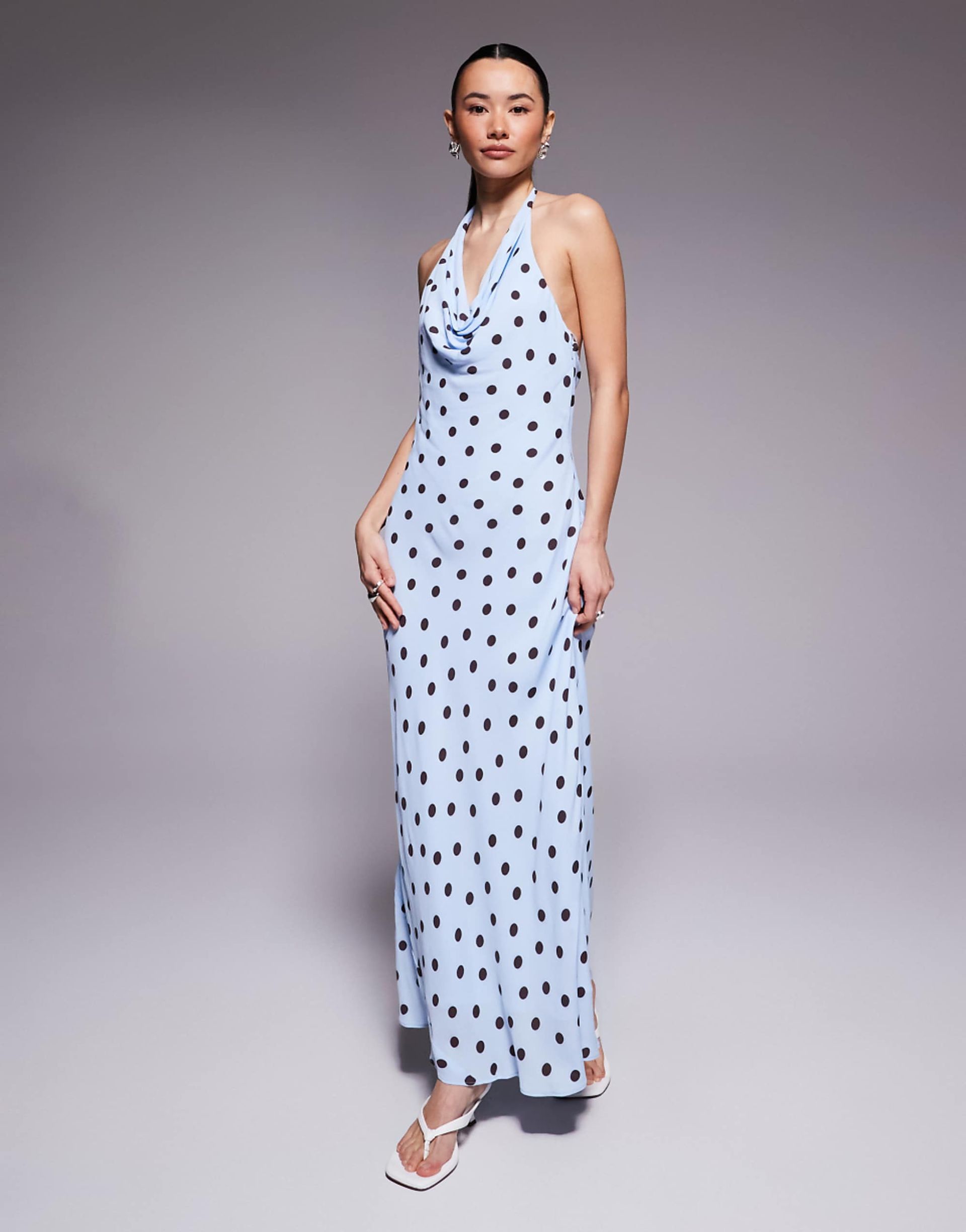 Forever New Petite Cowl Neck Maxi Dress in Blue Polka Dot