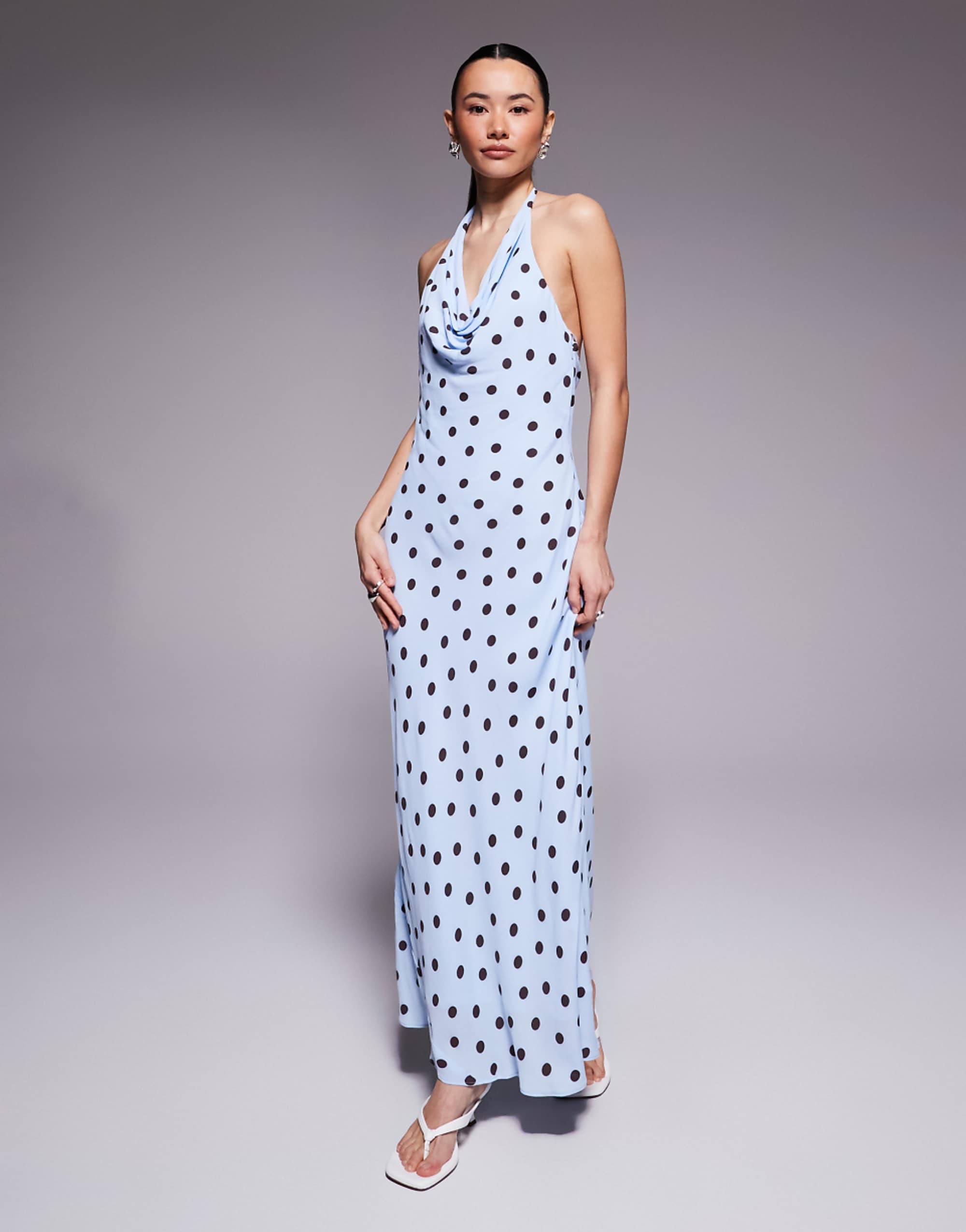 Forever New Petite Cowl Neck Maxi Dress in Blue Polka Dot