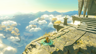 Link merges through the ground on a sky temple in the clouds in the trailer for Breath of the Wild 2