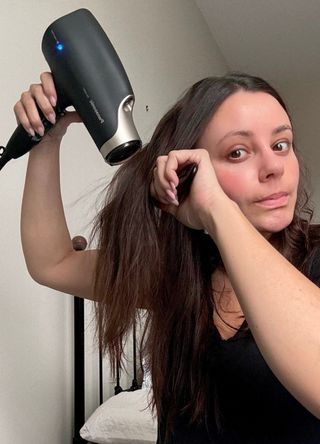 Beauty editor Emma using the Panasonic EH-NA67 Enrich + Family Care Hair Dryer