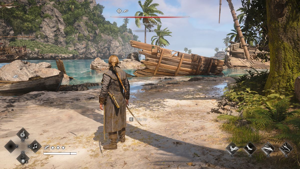 Black Flag treasure maps: Edward standing next to a shipwreck on a beach.