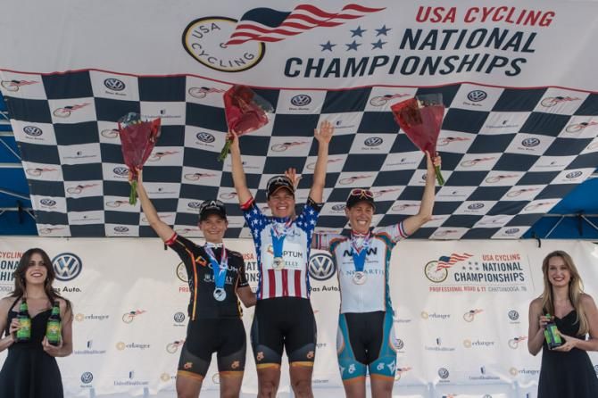 Lauren Hall and Jade Wilcoxson (Optum p/b Kelly Benefit Strategies) and Alison Powers (Now &amp; Novartis for MS) on the podium