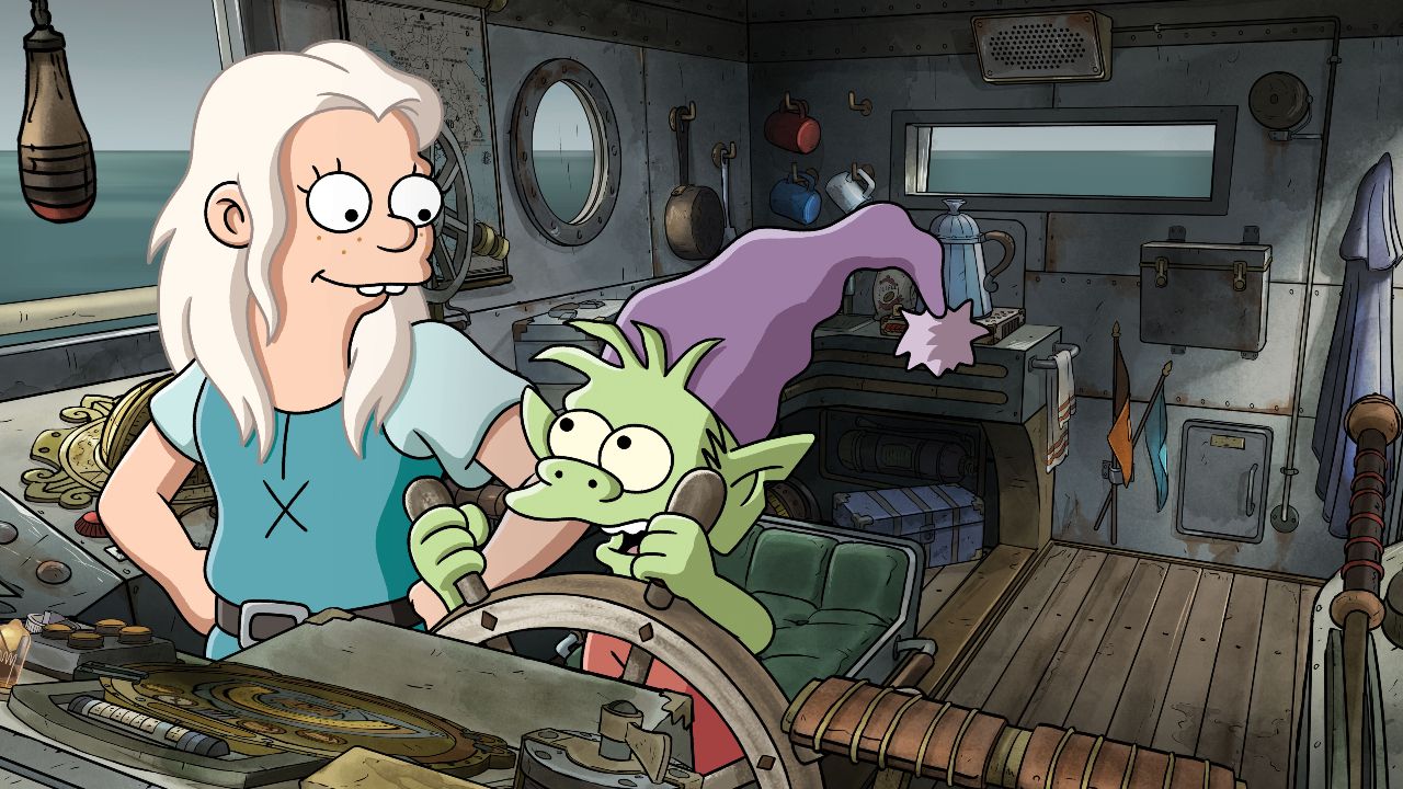 Elfo and Bean at the helm of their ship in Disenchantment Season 3.